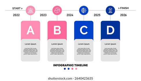 Timeline infographic about the history of a simple and elegant business company, there are 4 explanation options. Vector illustration