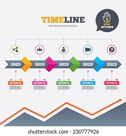 Timeline infographic with arrows. Group of people and share icons. Add user and video camera symbols. Communication signs. Five options with hand. Growth chart. Vector