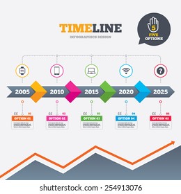 Timeline infographic with arrows. Notebook and smartphone icons. Smart watch symbol. Wi-fi sign. Wireless Network symbol. Mobile devices. Five options with hand. Growth chart. Vector