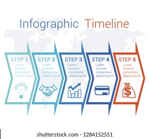 Timeline Infographic arrows on map numbered for 5 positions can be used for workflow, banner, diagram, web design, area chart.
