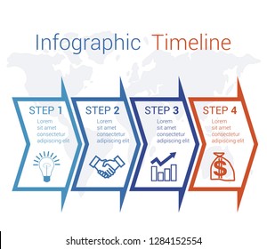 Timeline Infographic arrows on map numbered for 4 positions can be used for workflow, banner, diagram, web design, area chart.