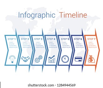 Timeline Infographic arrows on map numbered for 7 positions can be used for workflow, banner, diagram, web design, area chart.