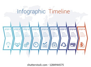 Timeline Infographic arrows on map numbered for 9 positions can be used for workflow, banner, diagram, web design, area chart.