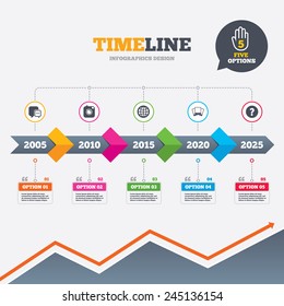 Timeline infographic with arrows. Social media icons. Chat speech bubble and world globe symbols. Hipster photo camera sign. Photo frames. Five options with hand. Growth chart. Vector