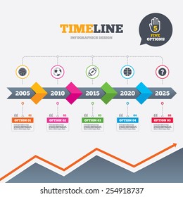 Timeline infographic with arrows. Sport balls icons. Volleyball, Basketball, Soccer and American football signs. Team sport games. Five options with hand. Growth chart. Vector