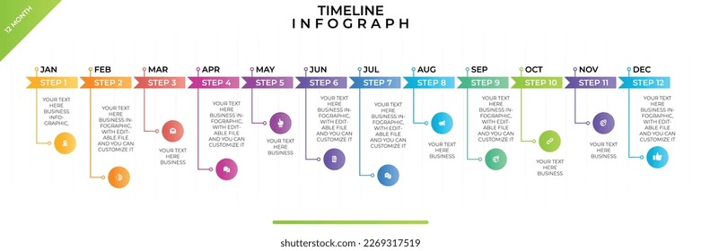 Timeline infographic. Business Infographics template. 12 Months Timeline diagram with 12 steps and calendar icon. Presentation in vector format.