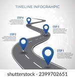 Timeline infographic. Business presentation slide template. Roadmap timeline. World map. Arrow hit the target. Goal diagram. Chart with 4 steps, options, processes.