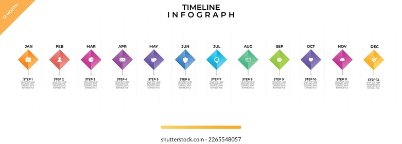 Timeline infographic. Business Infographic template. 12 Months Timeline diagram with 12 steps and calendar icon. Presentation in vector format.