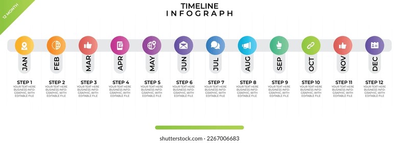 Timeline infographic. Business Infographic template. 12 Months Timeline diagram with 12 steps and circle calendar icon. Presentation in vector format.