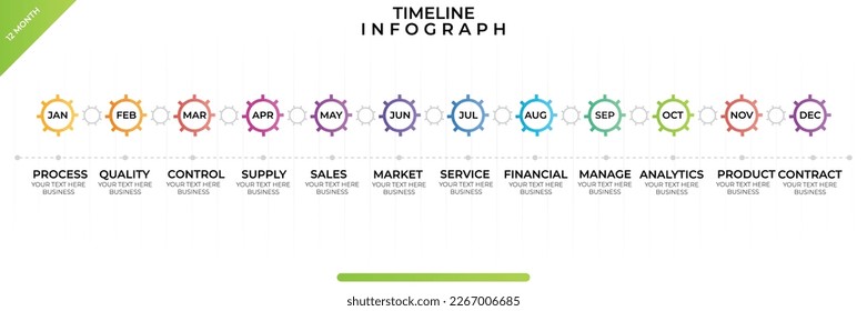 Timeline infographic. Business Infographic template. 12 Months Timeline diagram with 12 steps and calendar icon. Presentation in vector format.