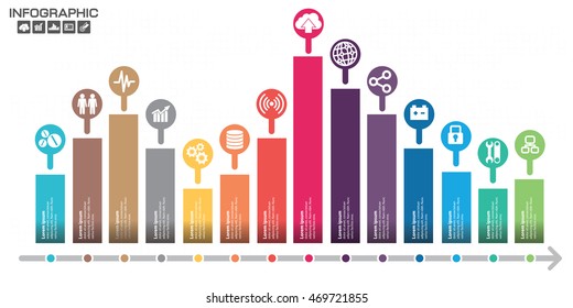 Timeline Infographic chart with many color on light background. . Vector design template. 14 options.