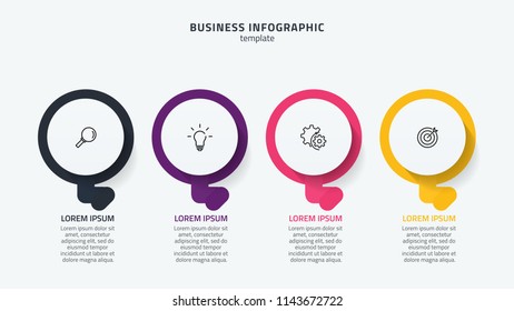Timeline infographic circles element template. Business concept with 4 steps, options, circles, marketing icons and arrow. Vector template for presentation.