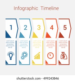 Timeline Infographic colored arrows from lines. Area chart Business Infographic template with text areas for five position, Eps file is layered and fully organised, objects are grouped