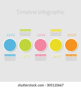 Timeline Infographic with colored round circle and text. Shadow effect Template. Flat design. Vector illustration