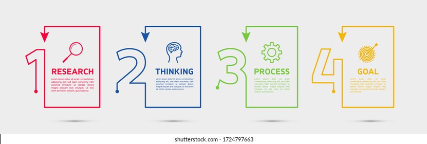 Timeline infographic colorful design element, number options, flat icons. Business concept with 4 steps. Can be used for workflow layout, diagram, annual report, web design. Vector business template