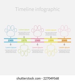 Timeline Infographic colour dash line paw print and text. Template. Flat design. Vector illustration