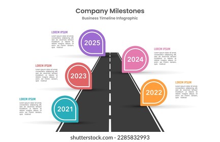 Hoja de ruta de la compañía de infografía de línea de tiempo con expansión de pin y negocios. Ilustración vectorial.