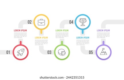 Concepto de infografía de línea de tiempo con 5 pasos. Se puede utilizar para la presentación, diseño de flujo de trabajo, diagrama, banner. Ilustración vectorial.