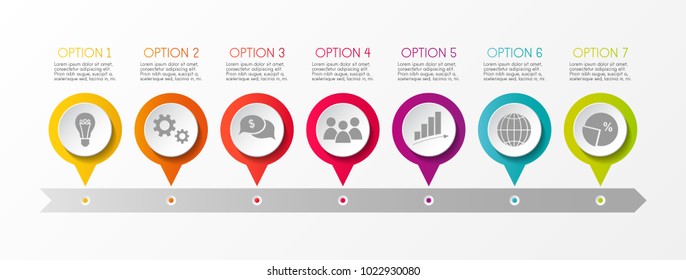 Timeline infographic - concept of a company milestone with options and business icons. Vector.