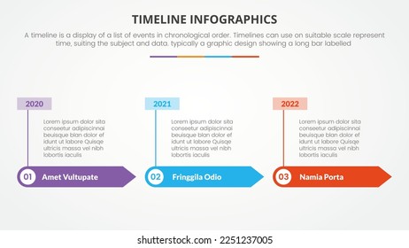 timeline infographic concept with year and arrow shape description for slide presentation with 3 point list