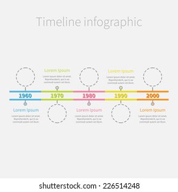 Timeline Infographic dash line circles and colour text. Template. Flat design. Vector illustration