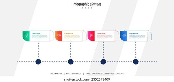Zeitstrahl-Infografik-Design mit 4 Optionen oder Schritten. Infografiken für das Geschäftskonzept. Kann für Präsentationen Workflow-Layout, Banner, Prozess, Diagramm, Flussdiagramm, Infografik, Jahresbericht verwendet werden.
