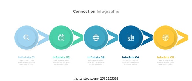 Timeline infographic design with 5 data points. Business process label with circle and marketing icons. Vector illustration.