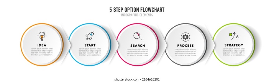Diseño infográfico de línea de tiempo con 5 opciones o pasos. Infografía para el concepto de negocio. Se puede utilizar para presentaciones diseño de flujo de trabajo, banner, proceso, diagrama, diagrama de flujo, gráfico de información, informe anual.