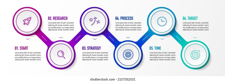 Diseño infográfico de línea de tiempo con 6 opciones o pasos. Infografía para el concepto de negocio. Se puede utilizar para presentaciones diseño de flujo de trabajo, banner, proceso, diagrama, diagrama de flujo, gráfico de información, informe anual.