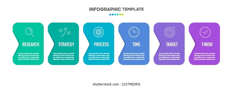 Zeitstrahl-Infografik-Design mit 6 Optionen oder Schritten. Infografiken für das Geschäftskonzept. Kann für Präsentationen Workflow-Layout, Banner, Prozess, Diagramm, Flussdiagramm, Infografik, Jahresbericht verwendet werden.