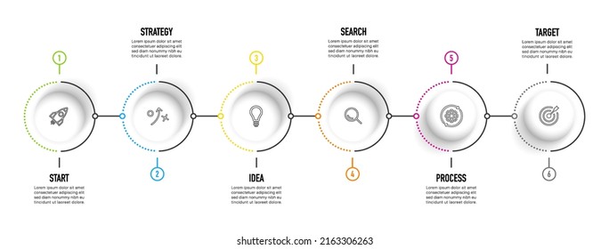 Timeline infographic design with 6 options or steps. Infographics for business concept. Can be used for presentations workflow layout, banner, process, diagram, flow chart, info graph, annual report.