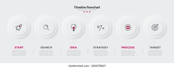 Zeitstrahl-Infografik-Design mit 6 Optionen oder Schritten. Infografiken für das Geschäftskonzept. Kann für Präsentationen Workflow-Layout, Banner, Prozess, Diagramm, Flussdiagramm, Infografik, Jahresbericht verwendet werden.