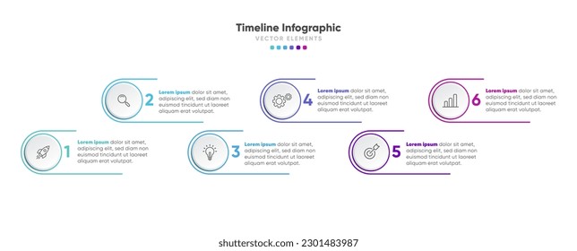 Diseño infográfico de línea de tiempo con 6 opciones o pasos. Infografía para el concepto de negocio. Se puede utilizar para presentaciones diseño de flujo de trabajo, banner, proceso, diagrama, diagrama de flujo, gráfico de información, informe anual.