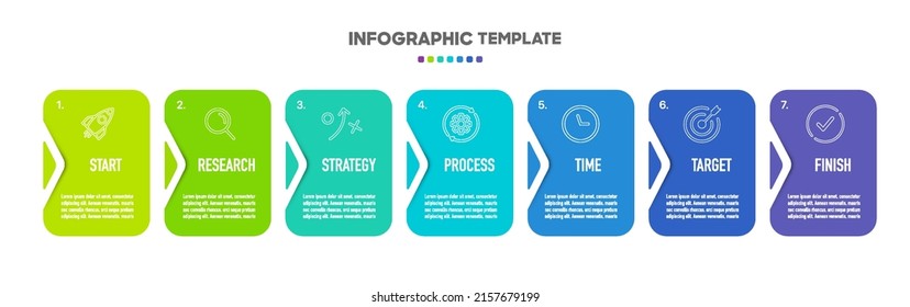 Zeitstrahl-Infografik-Design mit 7 Optionen oder Schritten. Infografiken für das Geschäftskonzept. Kann für Präsentationen Workflow-Layout, Banner, Prozess, Diagramm, Flussdiagramm, Infografik, Jahresbericht verwendet werden.