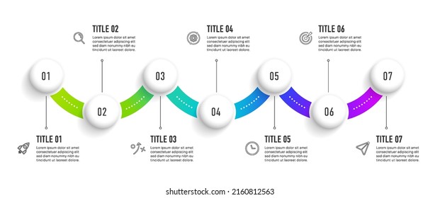 Diseño infográfico de línea de tiempo con 7 opciones o pasos. Infografía para el concepto de negocio. Se puede utilizar para presentaciones diseño de flujo de trabajo, banner, proceso, diagrama, diagrama de flujo, gráfico de información, informe anual.