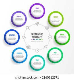 Diseño infográfico de línea de tiempo con 8 opciones o pasos. Infografía para el concepto de negocio. Se puede utilizar para presentaciones diseño de flujo de trabajo, banner, proceso, diagrama, diagrama de flujo, gráfico de información, informe anual.