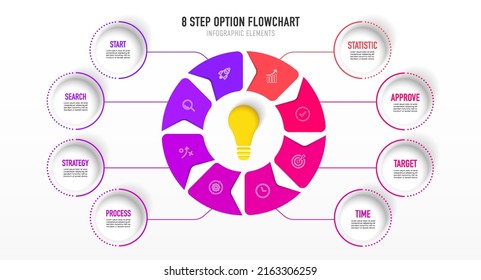 Timeline infographic design with 8 options or steps. Infographics for business concept. Can be used for presentations workflow layout, banner, process, diagram, flow chart, info graph, annual report.
