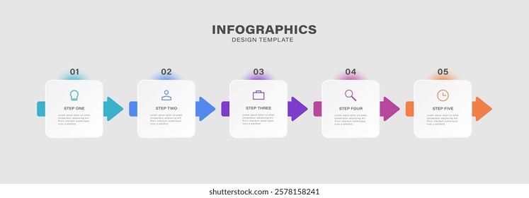 Timeline infographic design with arrow shape. 5 steps or options