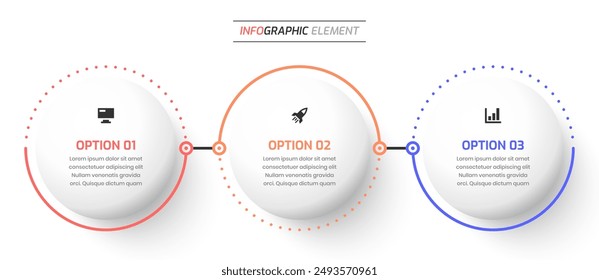 Diseño Infográfico de Línea de Tiempo con Etiqueta Círculo, Icono y 3 Opciones. Adecuado para flujo de trabajo, diagrama, gráfico, presentación