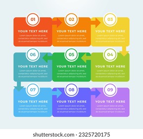 Timeline infographic design. Colourful infographic steps with text boxes. Business concept with 9 steps.