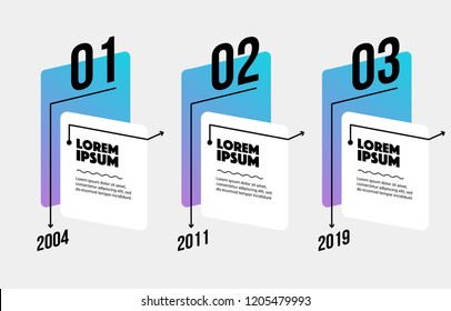 Elemento de diseño gráfico de línea de tiempo y opciones de número tres pasos con texto e icono