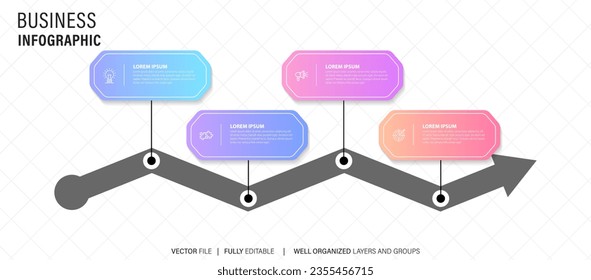 Zeitstrahl-Infografik-Design-Element und Zahlenoptionen. Geschäftskonzept mit 4 Schritten. Kann für Workflow-Layout, Diagramm, Jahresbericht, Web-Design verwendet werden. Vektorgeschäftsvorlage zur Präsentation.
