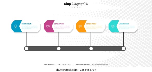 Opciones de número y elemento de diseño de infografía de línea de tiempo. Concepto de negocio con 4 pasos. Se puede utilizar para diseño de flujo de trabajo, diagrama, informe anual, diseño web. Plantilla de negocio de vectores para presentación.

