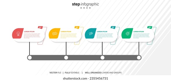 Zeitstrahl-Infografik-Design-Element und Zahlenoptionen. Geschäftskonzept mit 4 Schritten. Kann für Workflow-Layout, Diagramm, Jahresbericht, Web-Design verwendet werden. Vektorgeschäftsvorlage zur Präsentation.
