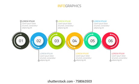 Timeline Infographic design elements with 6 options, parts, circles, steps or processes, Vector Illustration.