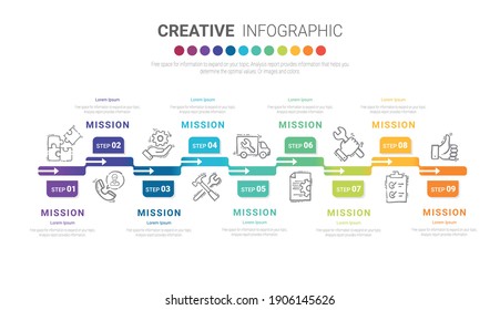 Timeline infographic design elements for your business with 9 options, parts, steps or processes, Vector Illustration. 