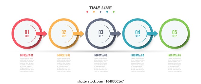 Timeline Infographic design label with 5 number options and arrow process steps. Vector illustration.