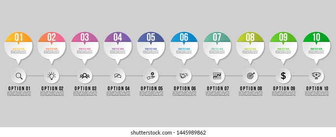 Timeline Infographic Design Template with 10 Options Steps. Start to goal line process. Used for info graph, presentations, process, diagrams, annual reports, workflow layout. Vector Illustration