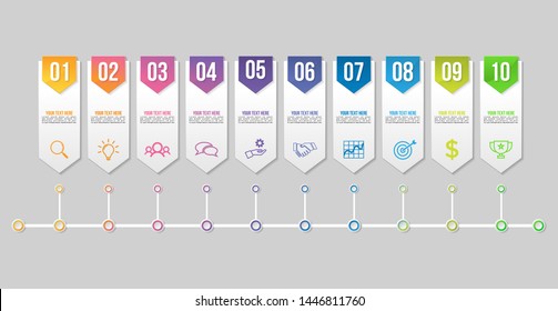Timeline Infographic Design Template with 10 Options Steps. Start to goal line process. Used for info graph, presentations, process, diagrams, annual reports, workflow layout. Vector Illustration