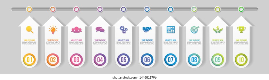 Timeline Infographic Design Template with 10 Options Steps. Start to goal line process. Used for info graph, presentations, process, diagrams, annual reports, workflow layout. Vector Illustration
